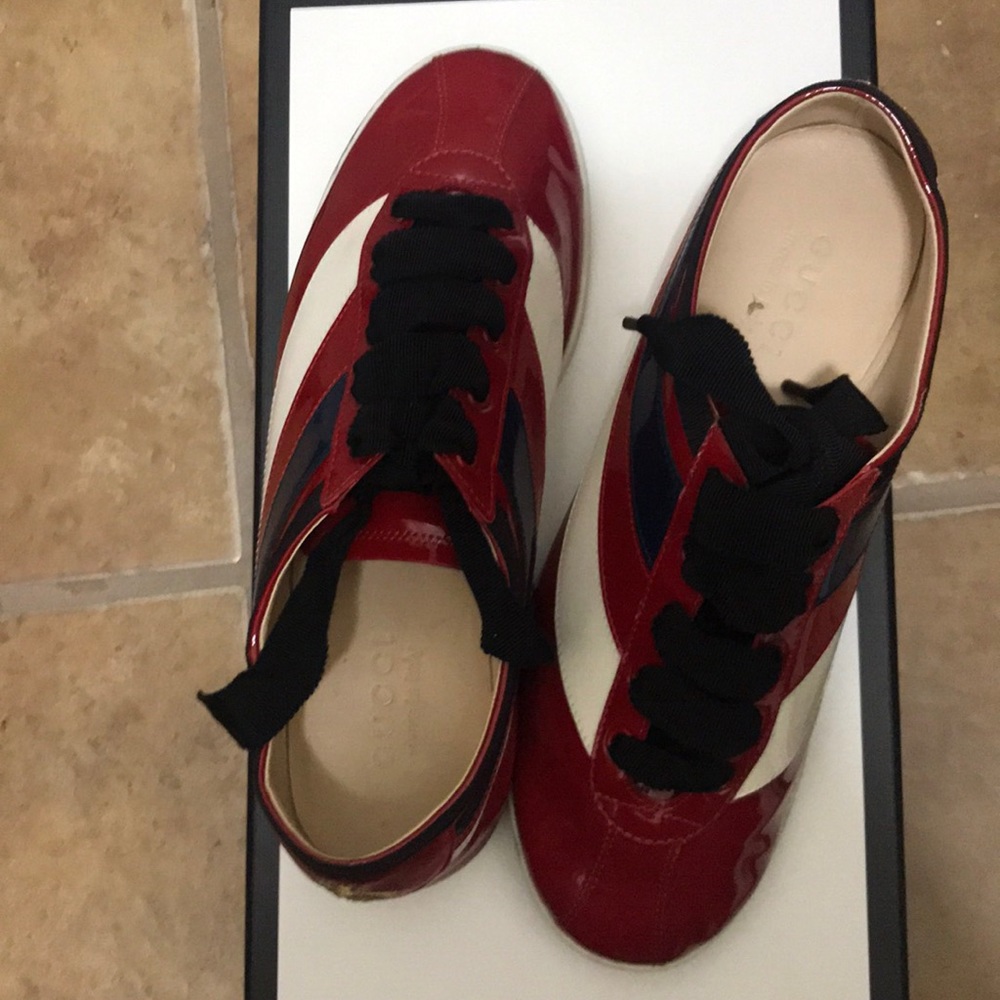 Red and blue Gucci sneakers